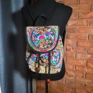 Embroidered Culturally Festive Boho Backpack - Black/Multi-Color